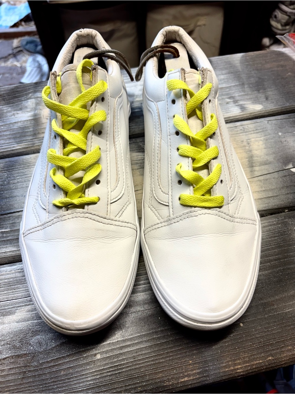 White Vans Old Skool sneakers with neon yellow laces, size US 10.0 Men